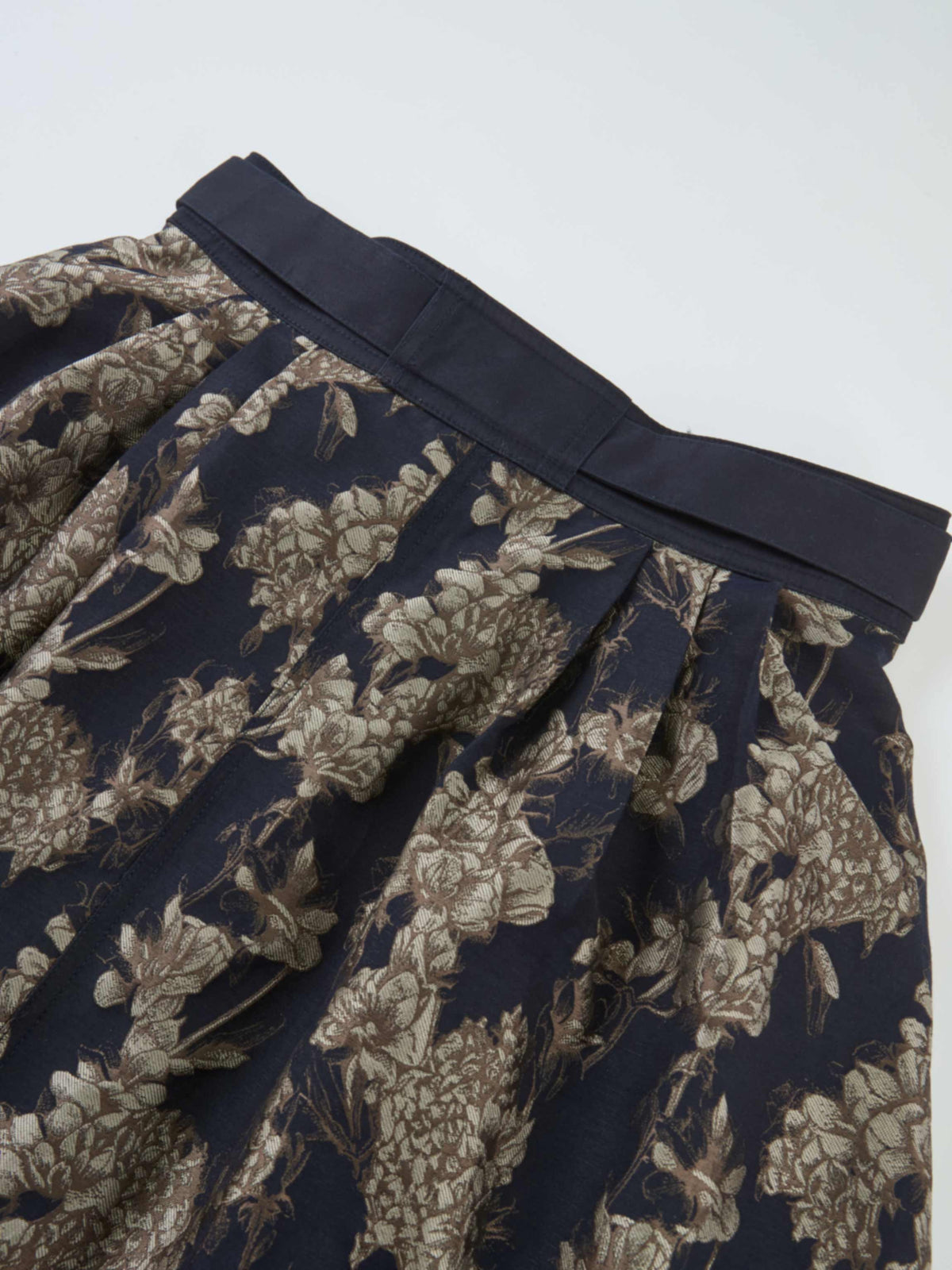Brocade High Waist Belted Skirt - Navy Floral