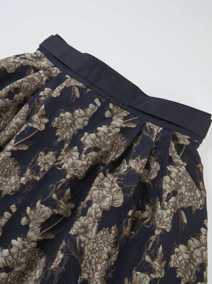 Brocade High Waist Belted Skirt - Navy Floral