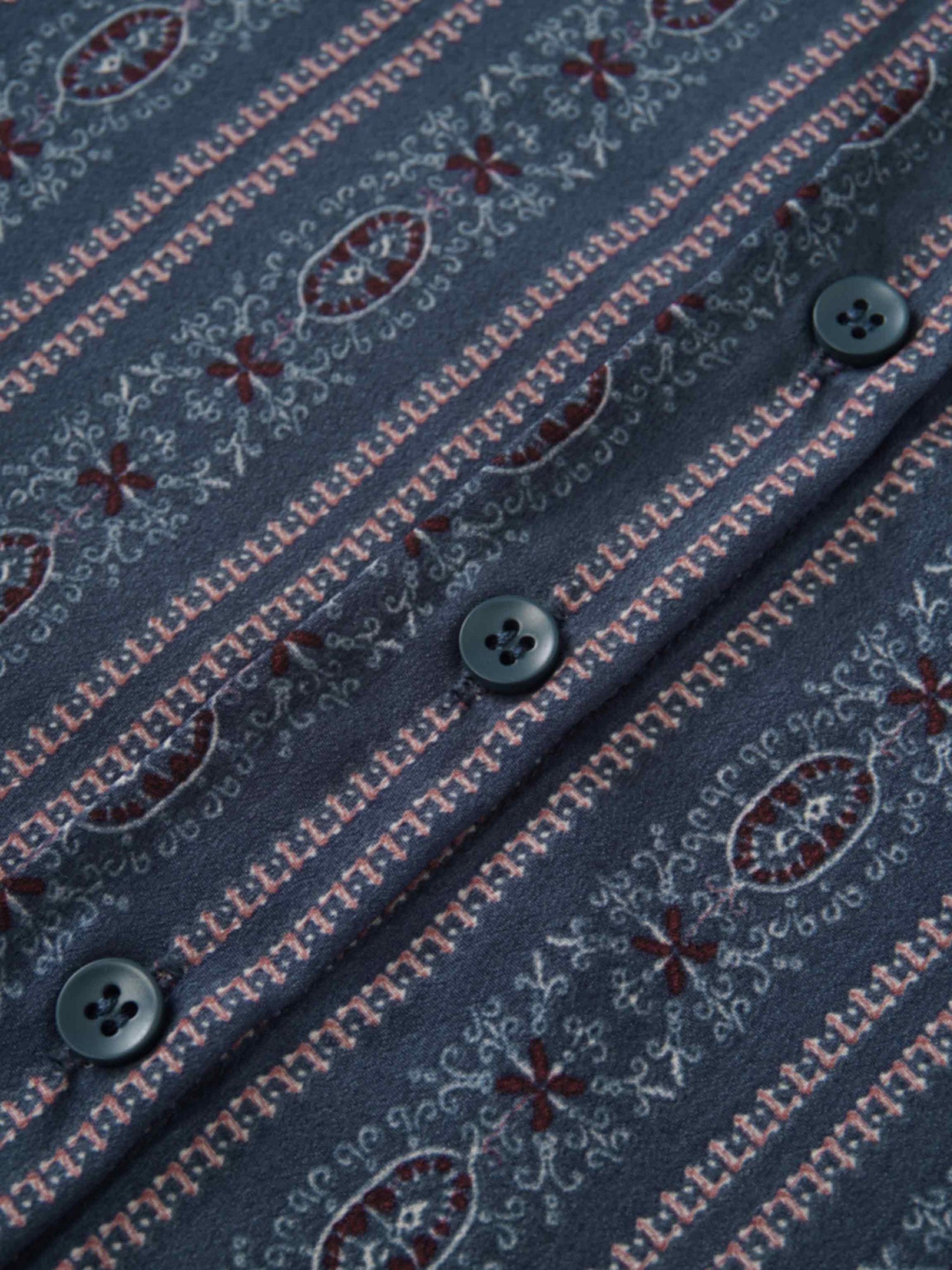 Button Down Flower Print Blouse-Blue Striped Medallion