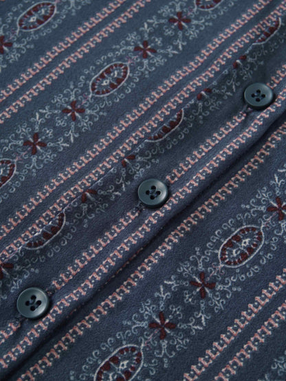 Button Down Flower Print Blouse-Blue Striped Medallion