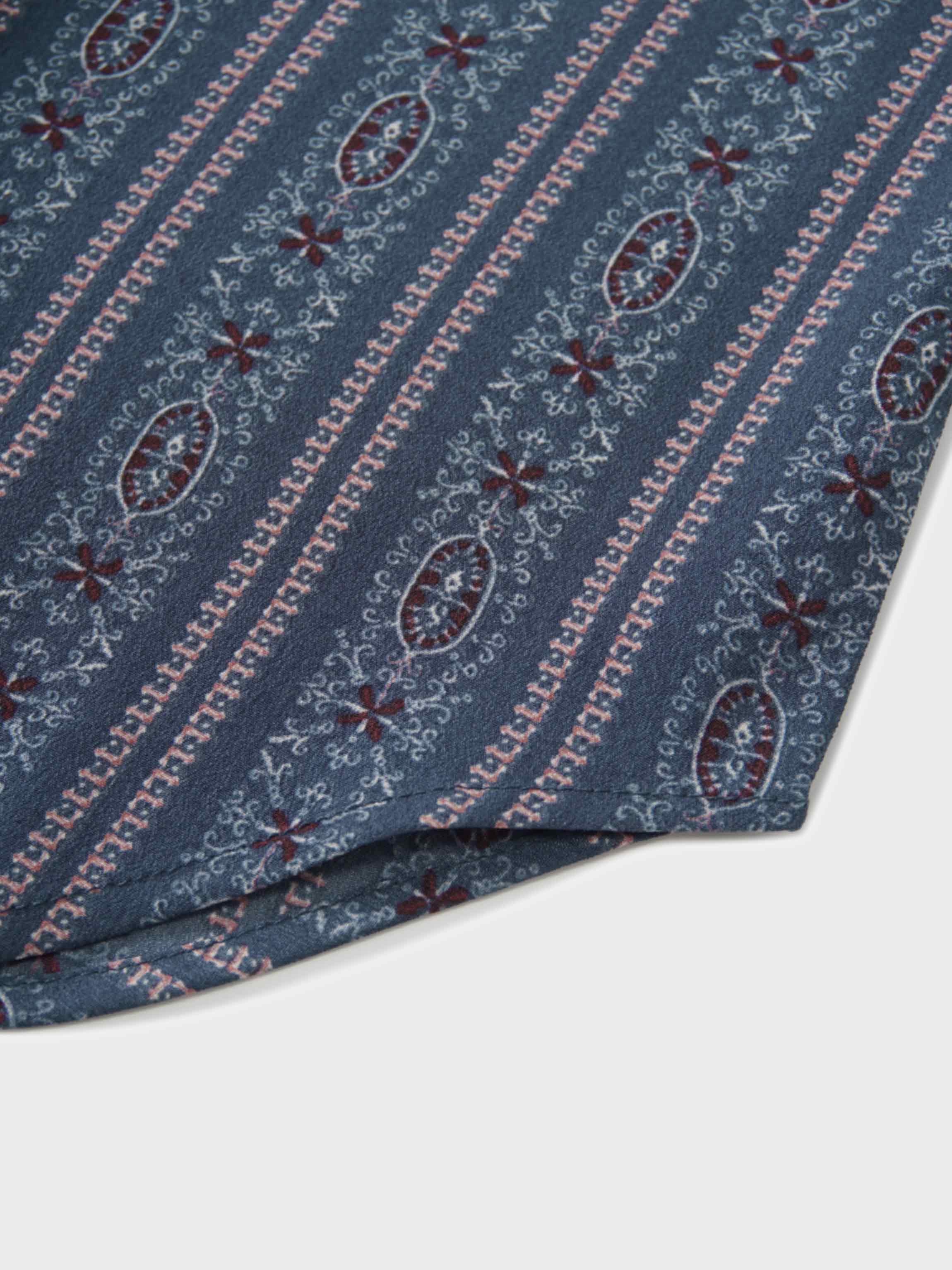 Button Down Flower Print Blouse-Blue Striped Medallion