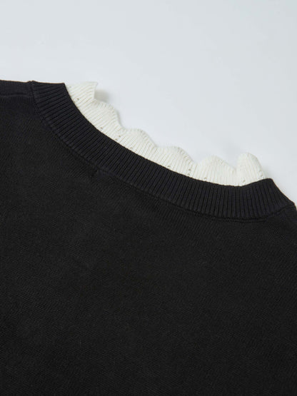 Eyelet Knit Trim Cardigan - Black