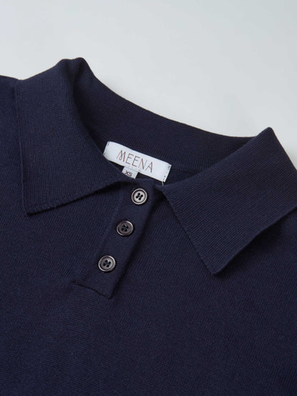 Knit Polo Top Pleat Dress - Solid Navy