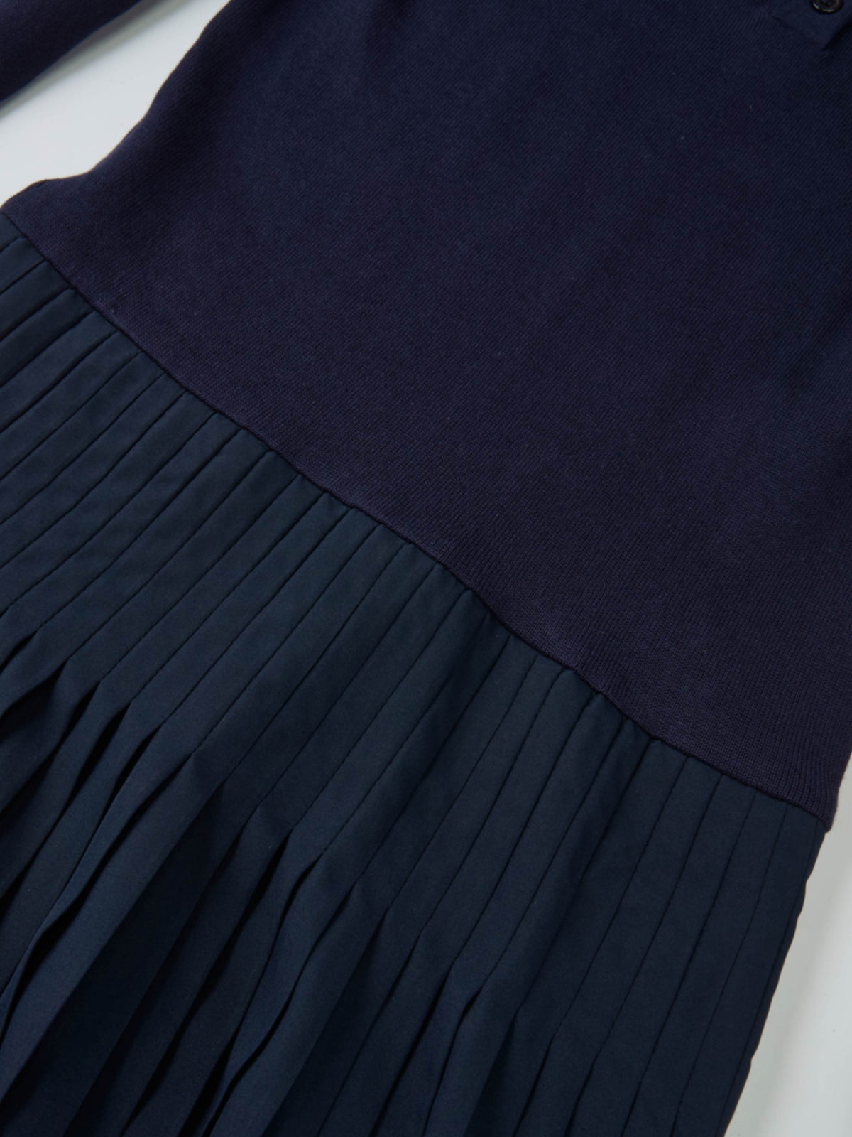 Knit Polo Top Pleat Dress - Solid Navy
