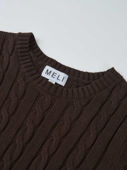 Cable Knit Faux Satin Bottom Dress - Brown