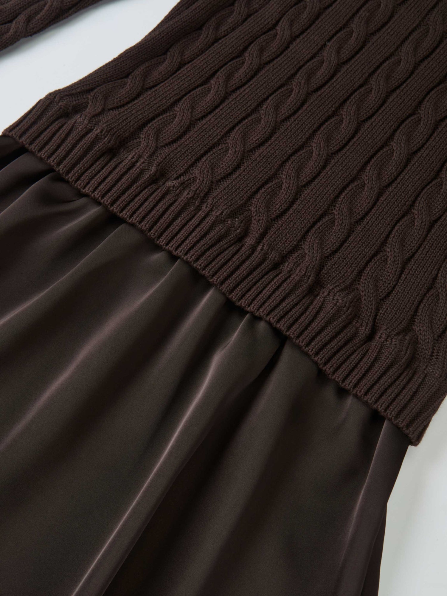 Cable Knit Faux Satin Bottom Dress - Brown