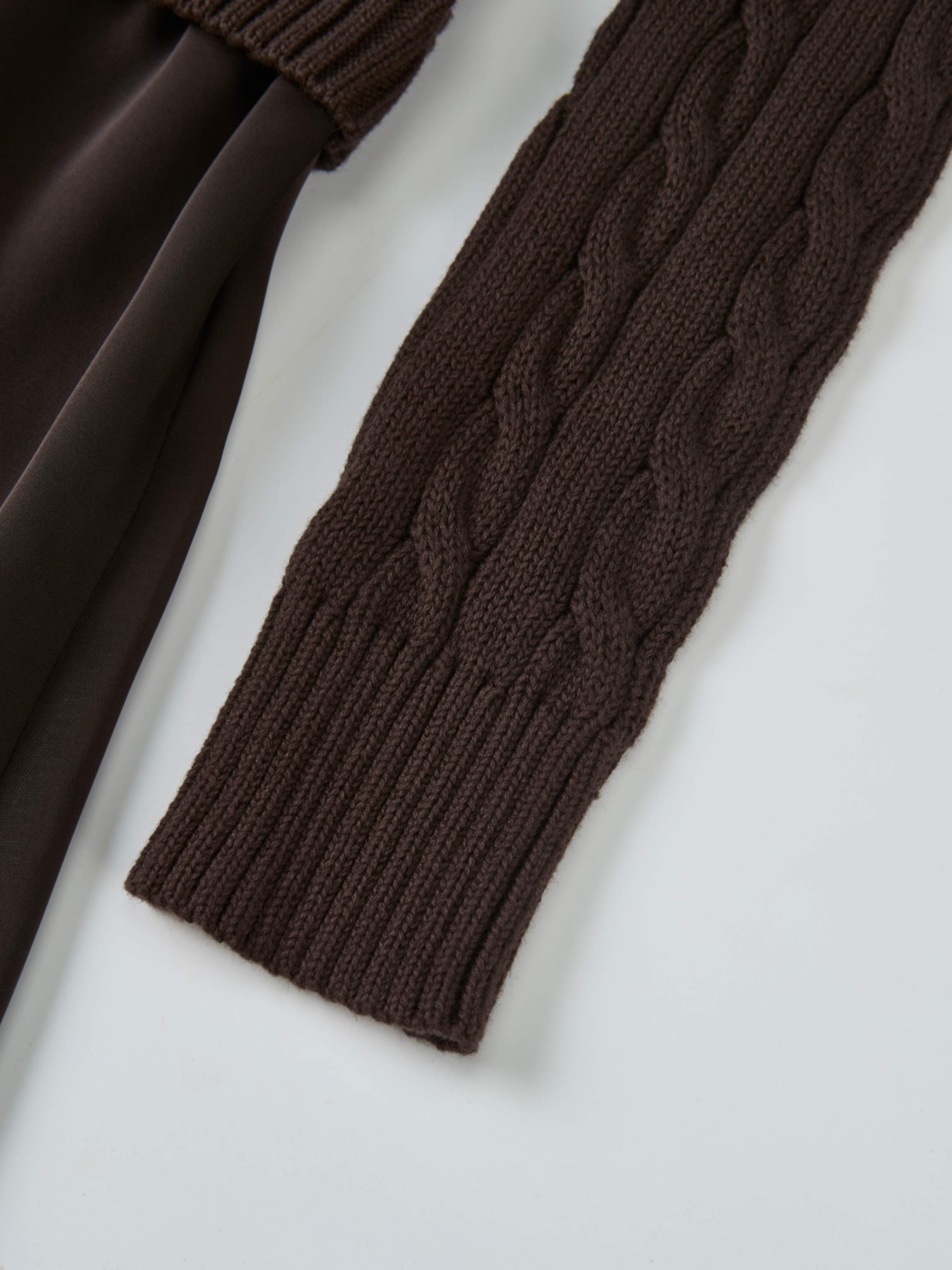 Cable Knit Faux Satin Bottom Dress - Brown