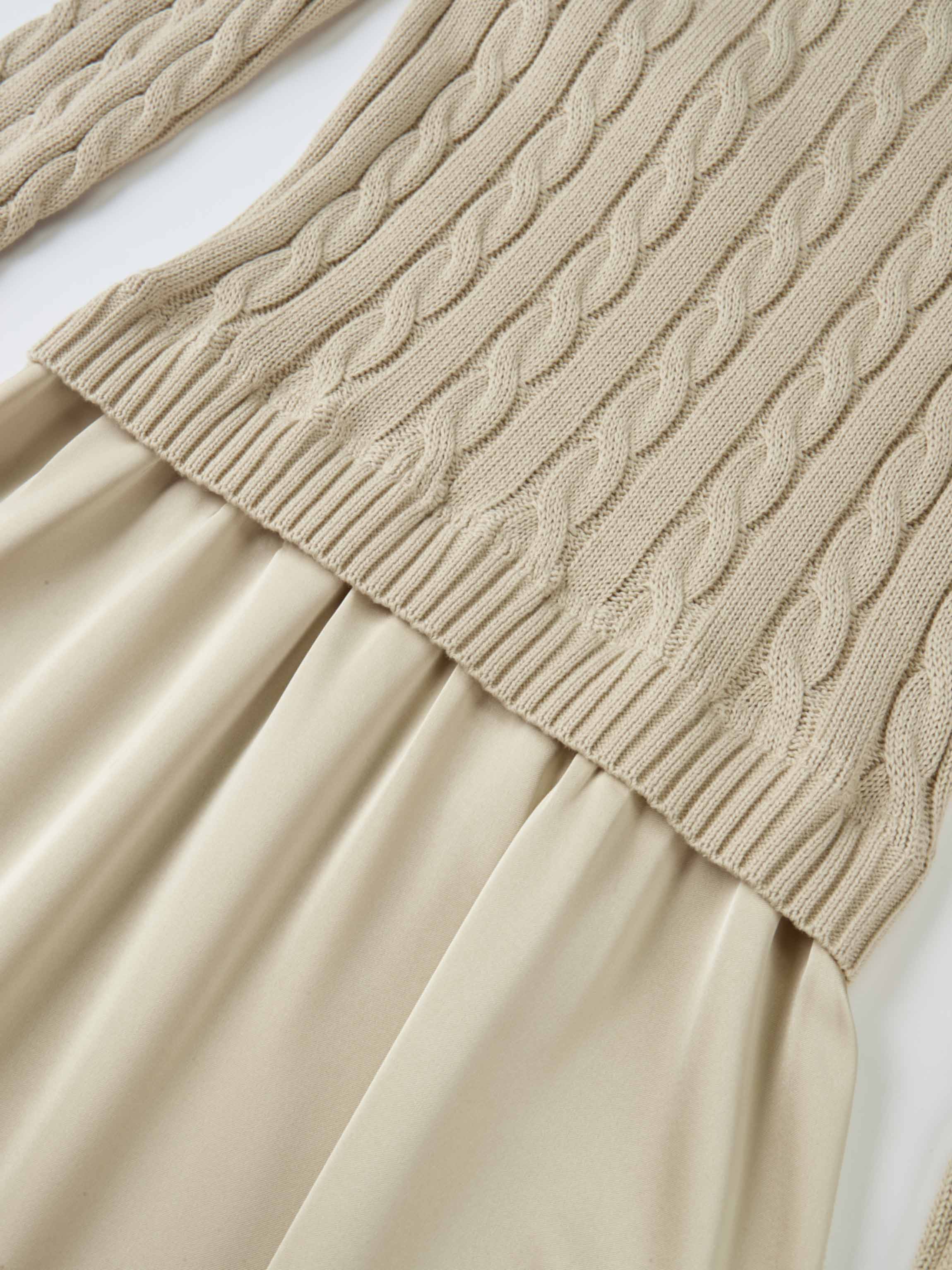 Cable Knit Faux Satin Bottom Dress - LT Tan