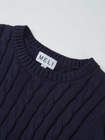 Cable Knit Faux Satin Bottom Dress - Navy Blue