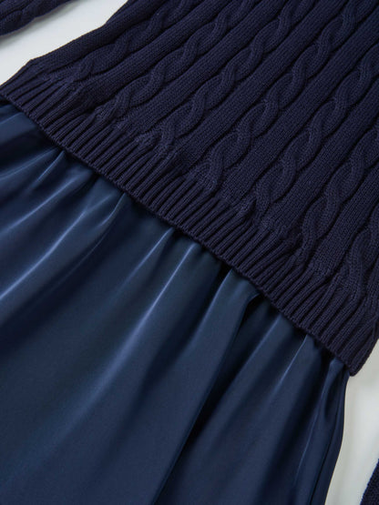 Cable Knit Faux Satin Bottom Dress - Navy Blue