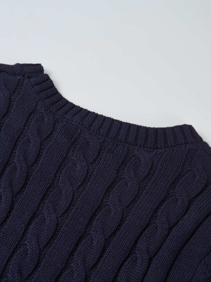 Cable Knit Faux Satin Bottom Dress - Navy Blue