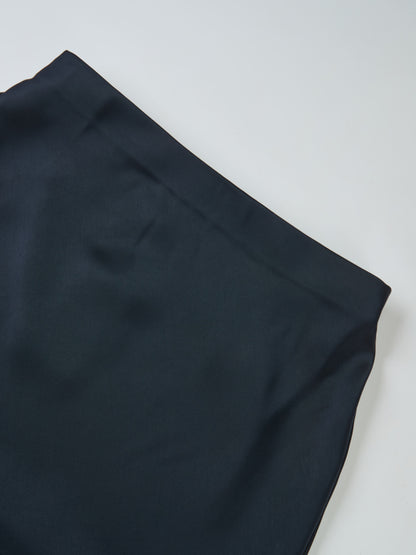 Solid Faux Satin Slip Skirt-Dark Blue/Navy