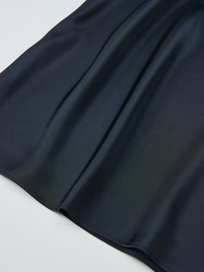 Solid Faux Satin Slip Skirt-Dark Blue/Navy