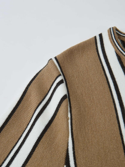 Wide Band Striped Cardigan - Camel/Black/White
