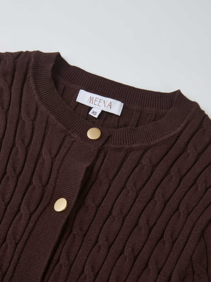 Gold Button Cable Cardigan - Brown