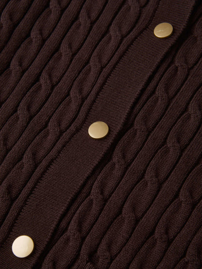Gold Button Cable Cardigan - Brown