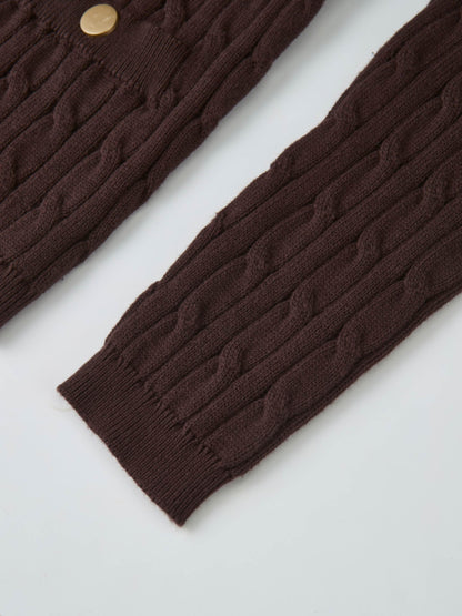 Gold Button Cable Cardigan - Brown