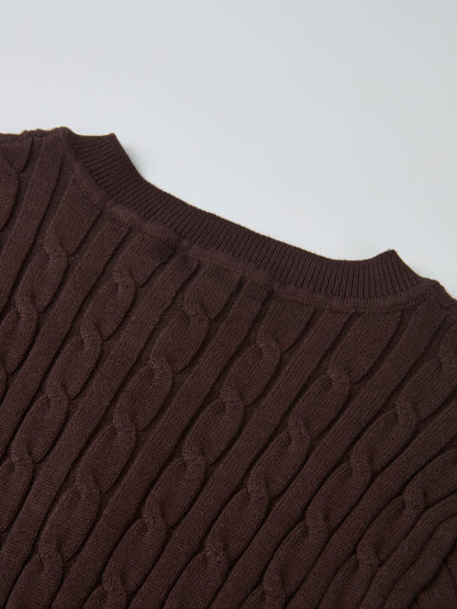 Gold Button Cable Cardigan - Brown