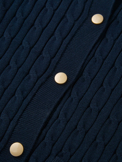 Gold Button Cable Cardigan - Navy