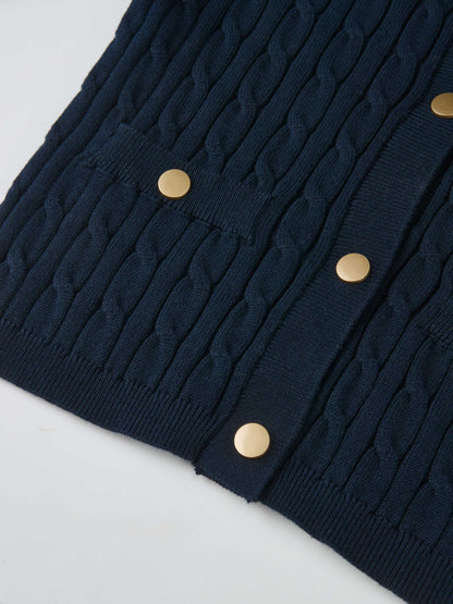 Gold Button Cable Cardigan - Navy