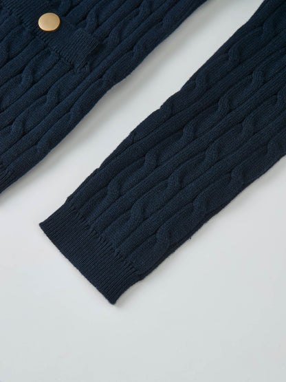 Gold Button Cable Cardigan - Navy