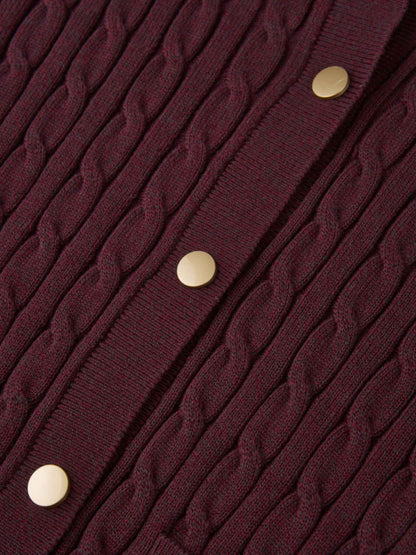 Gold Button Cable Cardigan - Burgundy