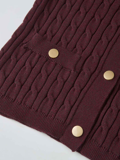 Gold Button Cable Cardigan - Burgundy