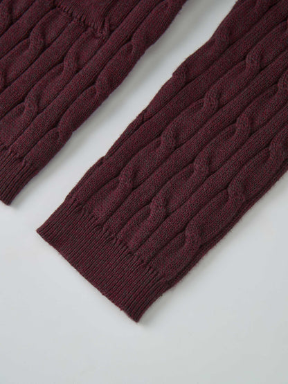 Gold Button Cable Cardigan - Burgundy