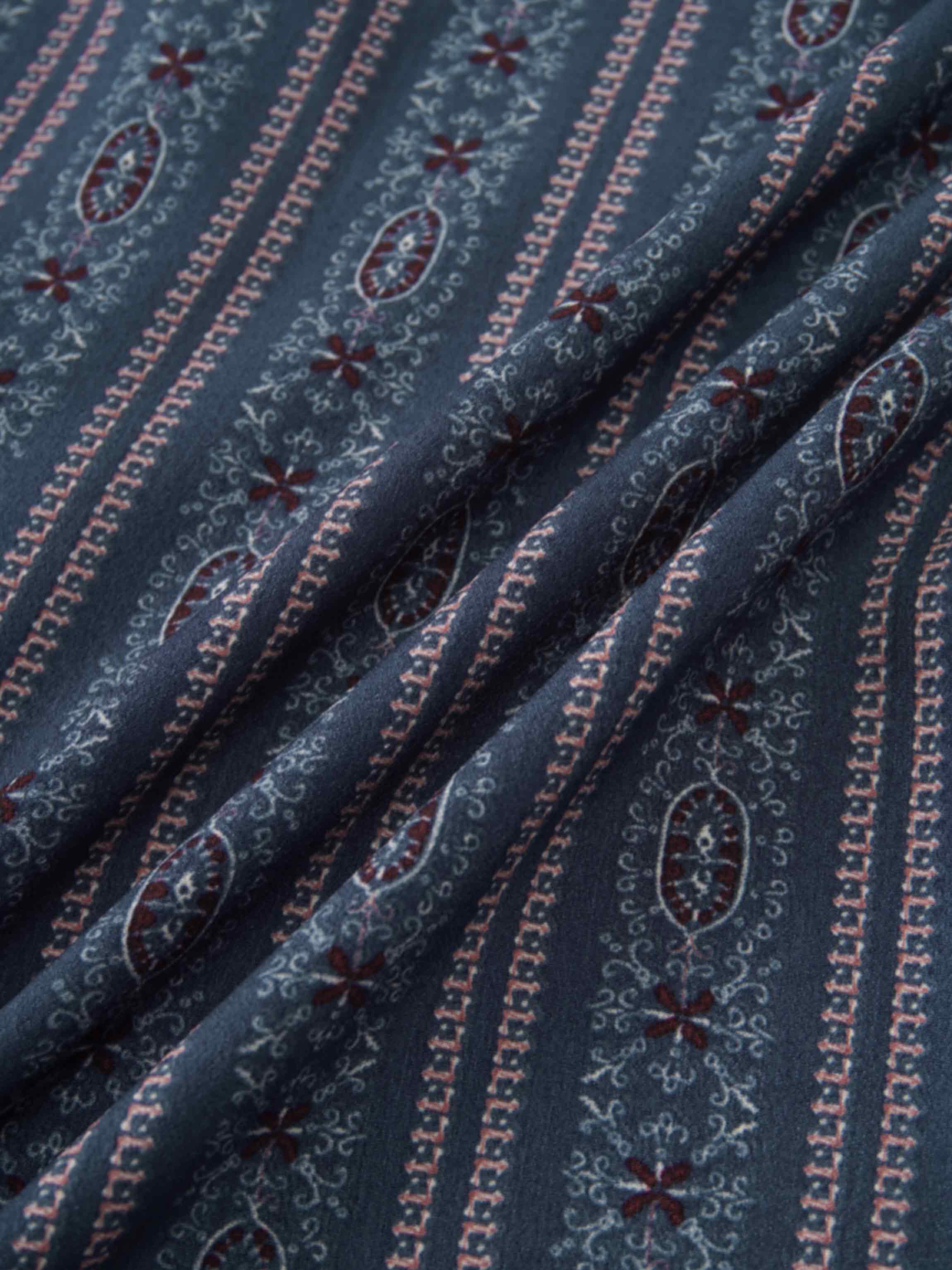 Button Down Flower Print Blouse-Blue Striped Medallion