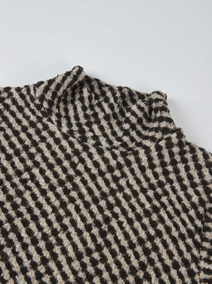 Printed Stretch Textured Turtle Neck - Black and White Checked