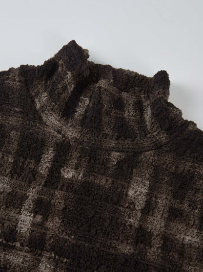 Printed Stretch Textured Turtle Neck - Grey and Black Plaid