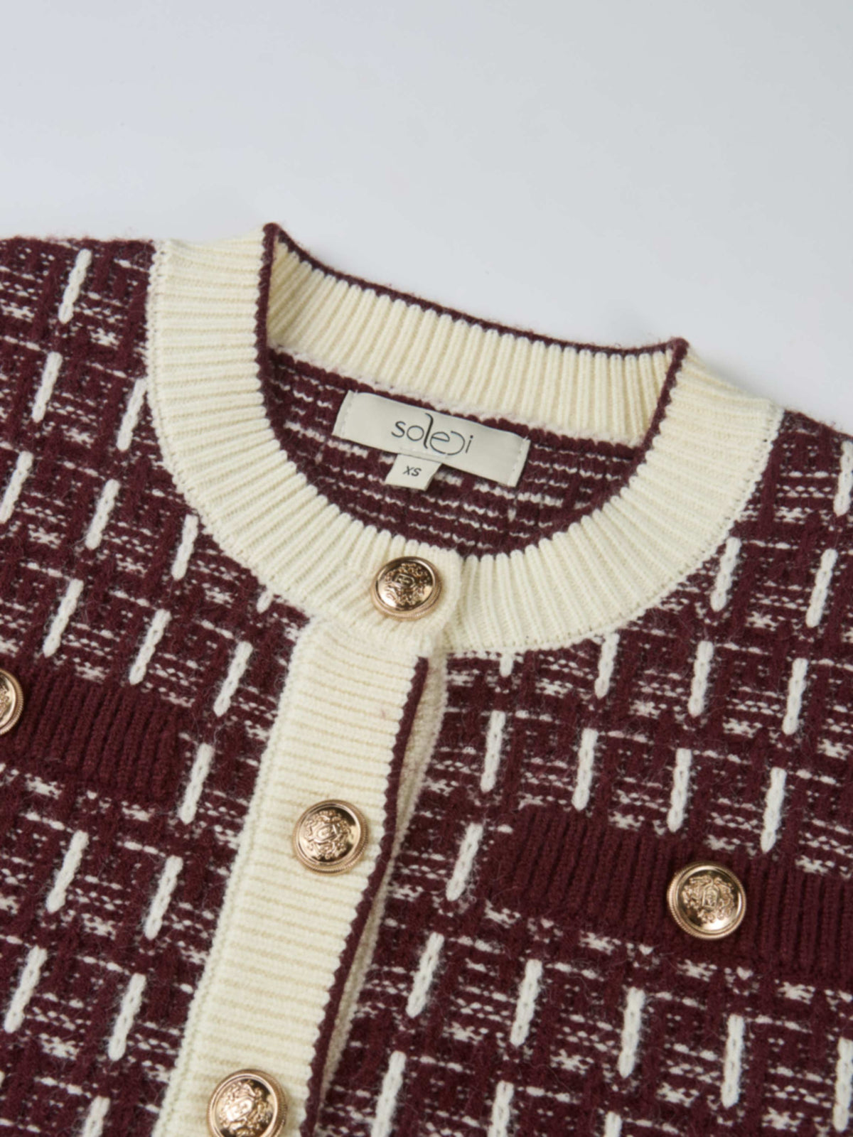 Gold Button Down Plaid Cardigan - Burgundy/Cream