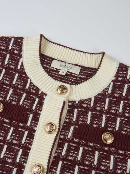 Gold Button Down Plaid Cardigan - Burgundy/Cream