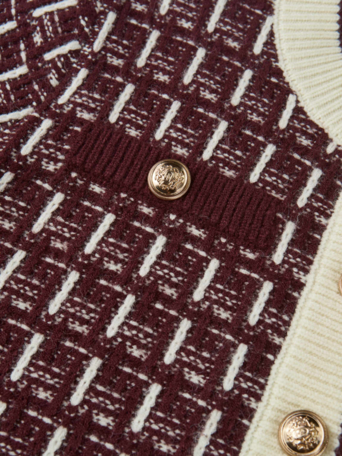 Gold Button Down Plaid Cardigan - Burgundy/Cream