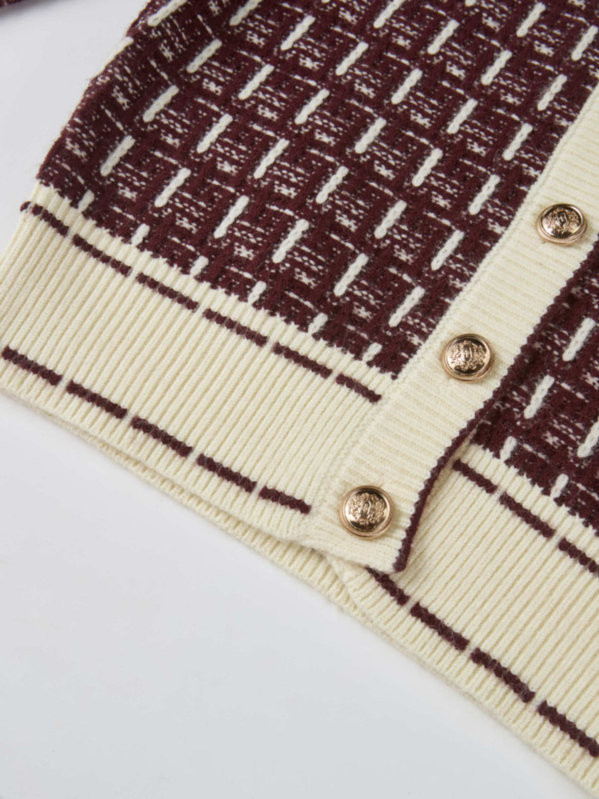 Gold Button Down Plaid Cardigan - Burgundy/Cream