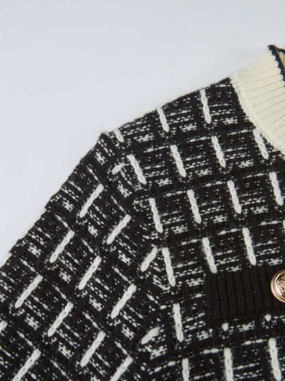 Gold Button Down Plaid Cardigan - Black/Cream