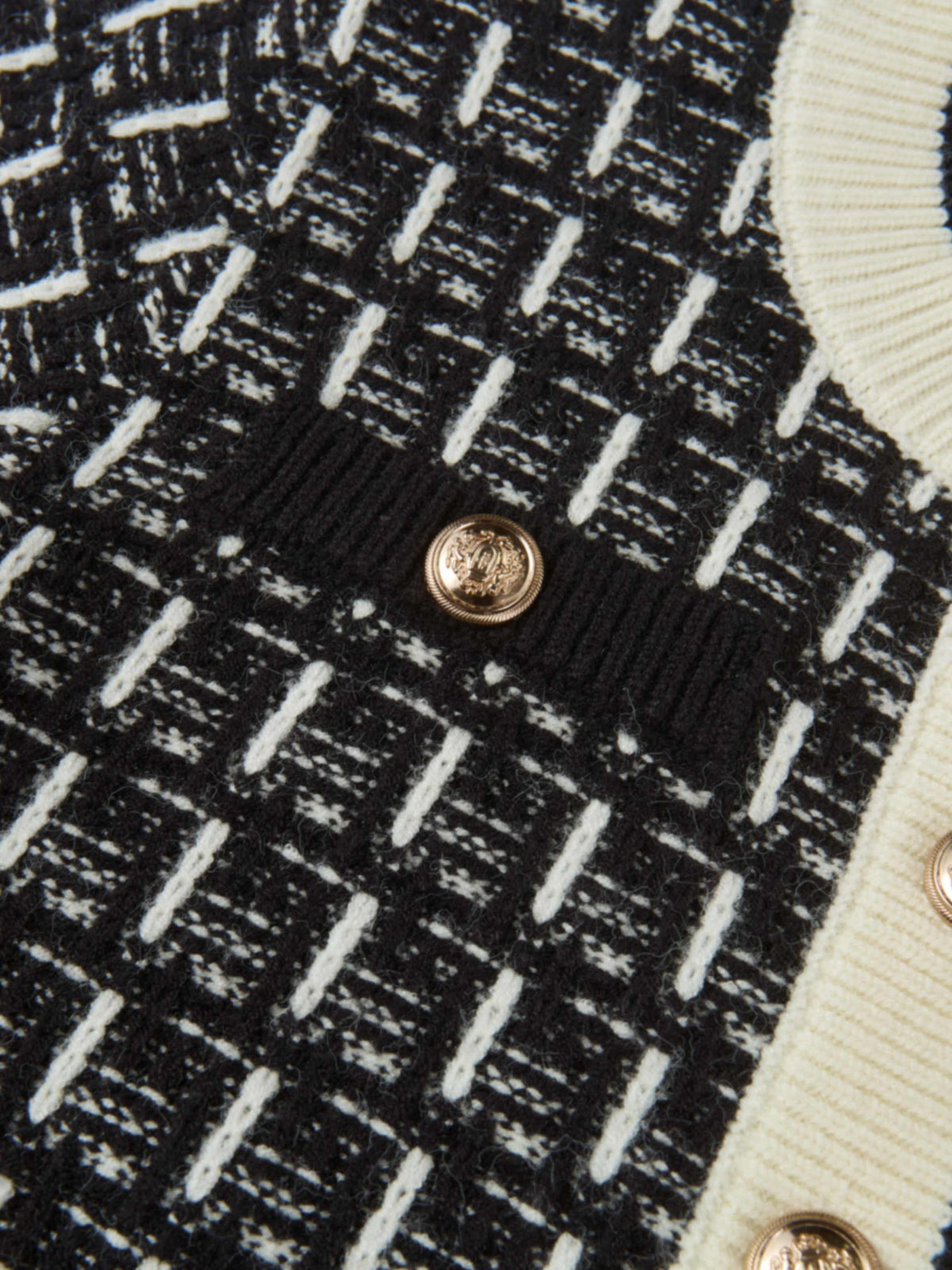 Gold Button Down Plaid Cardigan - Black/Cream