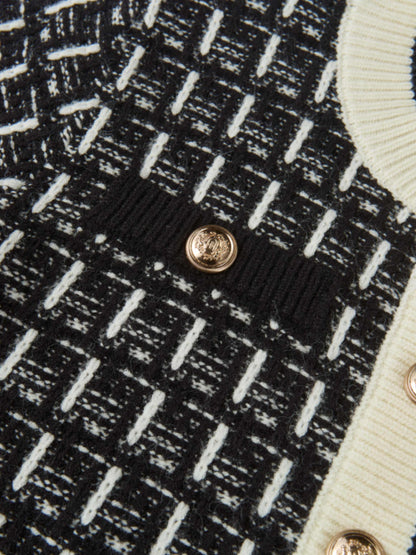 Gold Button Down Plaid Cardigan - Black/Cream