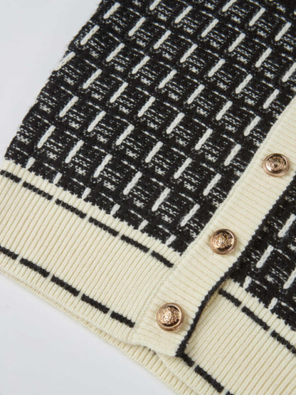 Gold Button Down Plaid Cardigan - Black/Cream