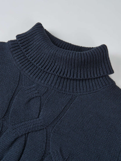 Front Cable Crop Turtleneck Sweater - Navy