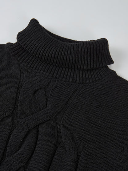 Front Cable Crop Turtleneck Sweater - Black