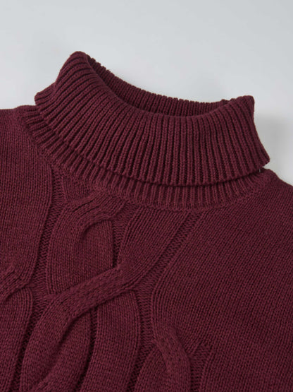 Front Cable Crop Turtleneck Sweater - Burgundy