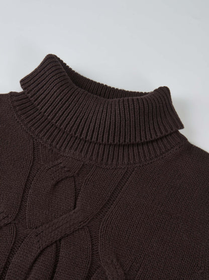 Front Cable Crop Turtleneck Sweater - Brown