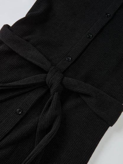 Soft Ribbed Shirtdress - Black