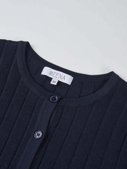 Silk Knit Ribbed Cardigan 17" - Navy