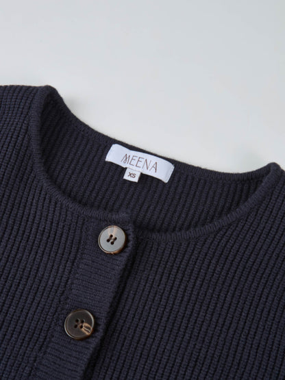 Boxy Crew Neck Button Down Cardigan - Navy