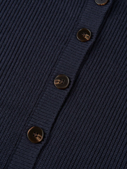 Boxy Crew Neck Button Down Cardigan - Navy