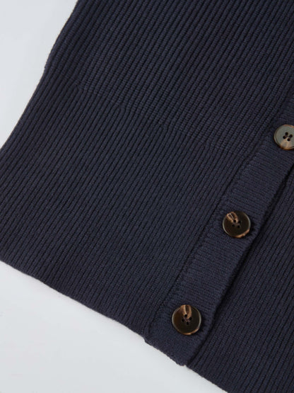 Boxy Crew Neck Button Down Cardigan - Navy