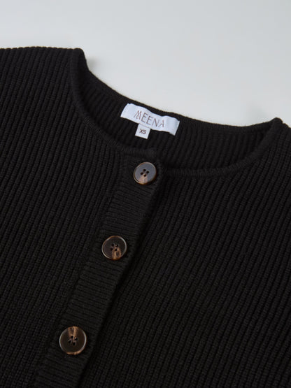 Boxy Crew Neck Button Down Cardigan - Black