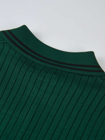 Ribbed Polo Sweater - Green/Grey Stripe